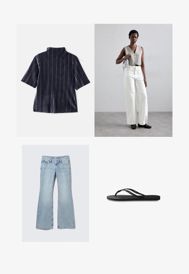 Tume sametist lühikeste varrukatega topp vertikaalsete triipudega, seisva krae ja pehme tekstuuriga. Omab lõdva istuvust ja siledat viimistlust.; Weekday NOVA - Liibuvad teksad - lip blue; Mustad mustes suss, millel on tekstureeritud kummist põhi, kaks peenikest rihma ja tagasihoidlik, reljeefne logo detail rihmal.; Hallitatud hall vest nööpidega, koos valgete laia säärega teksade ja mustade lameda tallaga kingadega. Kaunistatud väikese hõbedase frantsiisiga kotiga.