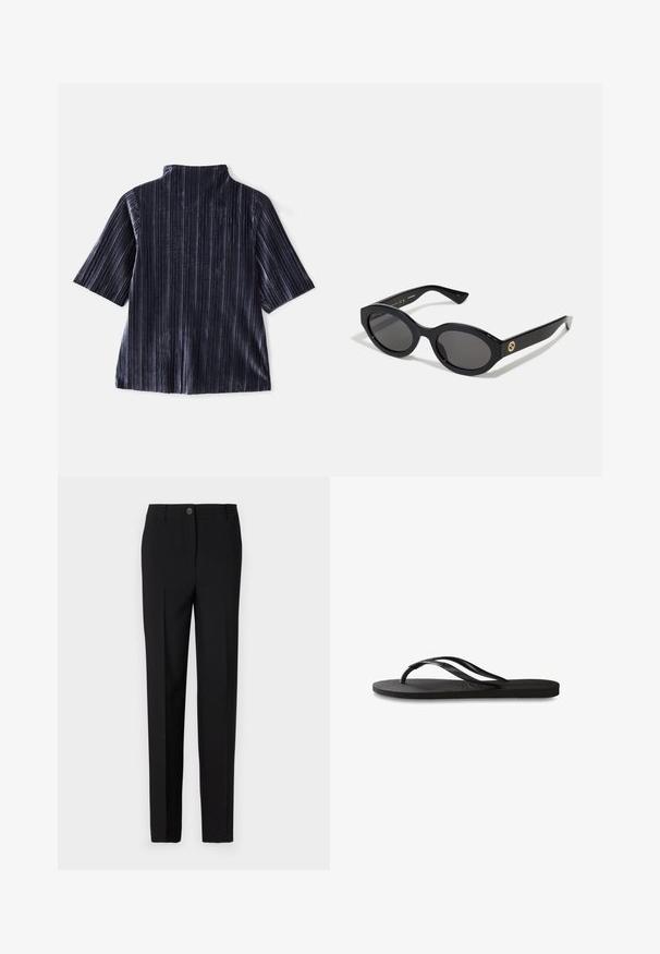 Top corto de terciopelo oscuro con mangas cortas y rayas verticales, cuello alzado y textura suave. Presenta un corte relajado y un acabado liso.; Pantalones negros ajustados con un diseño de pierna recta, con cierre de botón y trabillas para cinturón, fabricados con tela suave.; Chanclas negras con suela de goma texturizada, dos tiras delgadas y un sutil detalle de logo en relieve en la tira.; Gafas de sol negras en forma ovalada con lentes oscuros y montura de plástico brillante. Presenta un logo dorado en la patilla, ofreciendo un diseño elegante y moderno.; Bolso de mano de tela con un patrón azul, que presenta una forma curva, una correa de cuero negra y un diseño de logo en un tono más claro.