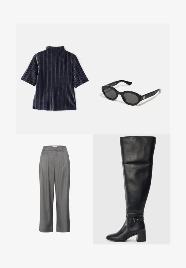 Dunkelvelours Kurzarmoberteil mit vertikalen Streifen, Stehkragen und weicher Textur. Verfügt über eine lockere Passform und glatte Verarbeitung.; Graue maßgeschneiderte Hose mit geradem Schnitt, ausgestattet mit einem plissierten Vorderteil, glattem Stoff und einem klassischen Taillendesign.; Schwarzer knöchelhoher Lederstiefel mit Blockabsatz und dekorativem Riemen mit goldener Schnalle oberhalb des Knöchels, Seitenansicht auf weißem Hintergrund.; Schwarze ovale Sonnenbrille mit dunklen Gläsern und glänzendem Kunststoffrahmen. Mit goldenem Logo am Bügel, das ein elegantes und modernes Design bietet.; Schwarze Handtasche mit Krokodilprägung, zwei Griffen und Reißverschluss. Die Tasche hat eine rechteckige Form und eine glänzende Oberfläche.