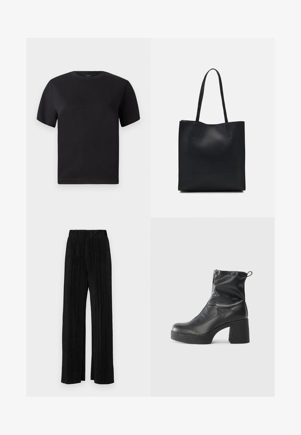 Black short-sleeved t-shirt, round neckline, made of soft cotton, smooth texture, minimalistic design with no patterns or accents.; Black pleated trousers with an elastic waistband. Features wide legs and a smooth, textured fabric with vertical stripes.; Black ankle boots made of smooth leather, featuring a side zipper, chunky textured heel, and rounded toe design.; Black leather tote bag with smooth texture, rectangular shape, and two long handles. No visible hardware or embellishments.