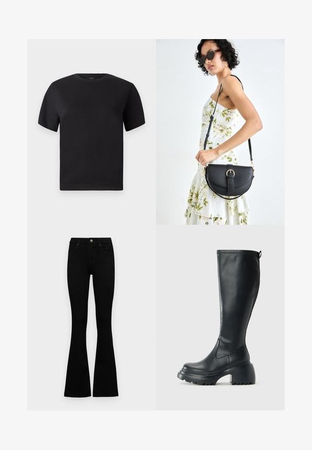 Black short-sleeved t-shirt, round neckline, made of soft cotton, smooth texture, minimalistic design with no patterns or accents.; Black high-waist jeans with a button and zip closure, front pockets, and flared legs laid flat on a white background.; Tall black leather boot with chunky platform sole and block heel, featuring pull tab and textured tread on outsole.; Black leather handbag with a curved shape, detachable strap, and gold hardware. The bag features a flap with a buckle detail.