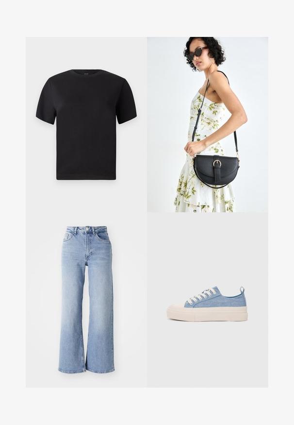 Crna majica s kratkim rukavima, okrugli izrez, napravljena od mekog pamuka, glatka tekstura, minimalistički dizajn bez uzoraka ili akcenata.; Svijetloplave traperice visokog struka širokih nogavica s prednjim i stražnjim džepovima, kopčanjem na gumbi i suptilnim izblijedjenjem na bedrima i rubovima.; Svijetloplave platnene tenisice s kremastim gumenim vrhom i potplatom, koje imaju bijele vezice i petnu traku.; Crna kožna torba s lukovitim oblikom, odvojivim remenom i zlatnim detaljima. Torba ima preklop s kopčom.