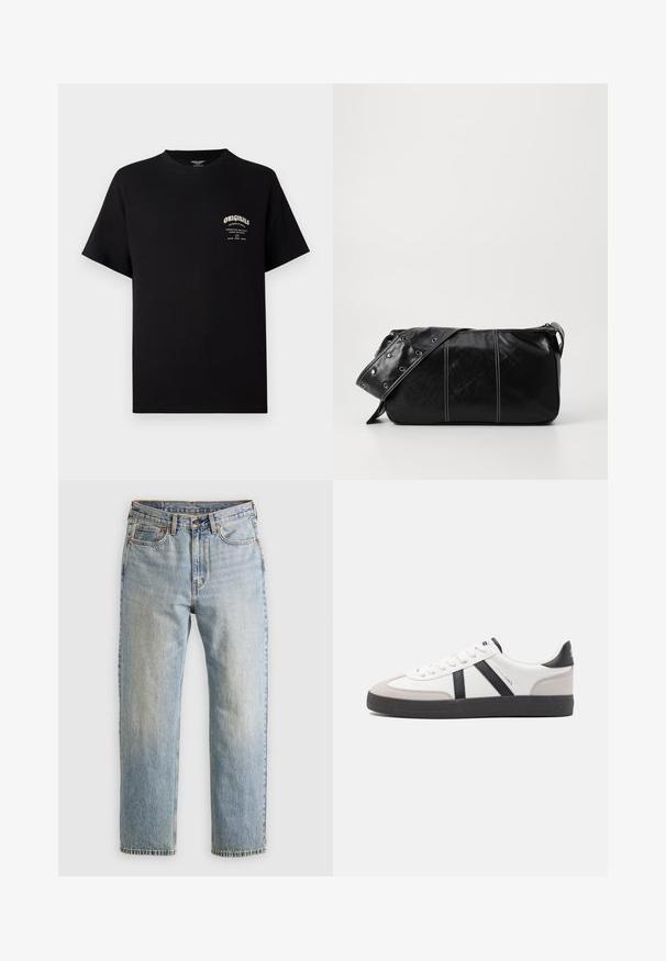 Camiseta de algodón negra de manga corta, con escote redondeado y un pequeño estampado gráfico en el lado izquierdo del pecho que presenta la palabra "ORIGINALS".; Jeans de mezclilla azul claro de cintura alta, con botón frontal, cremallera y diseño de cinco bolsillos, dispuestos sobre un fondo neutro.; Zapatilla blanca con acentos en negro y gris, que presenta una puntera texturizada en gris, suela de goma negra y cordones planos blancos. Diseño limpio, estilo minimalista.; Bolso de hombro de cuero negro con cierre de cremallera, que presenta un cuerpo texturizado, costuras blancas y una correa con ojales plateados.