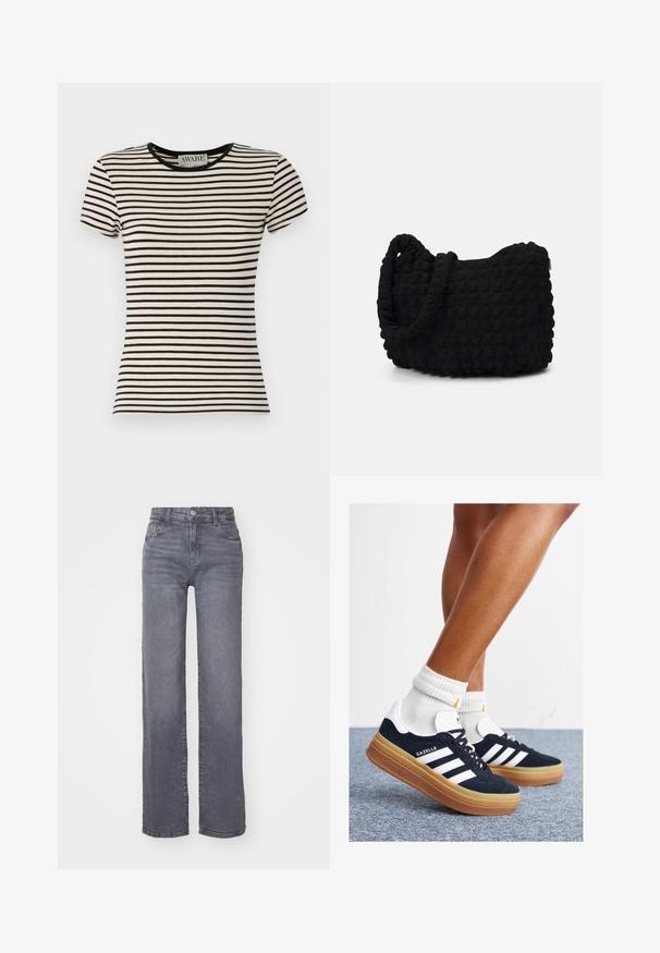 T-shirt de mangas curtas em preto e creme com riscas, com decote redondo, feito de um tecido suave. Corte reto com um acabamento cuidadoso. Logótipo AWARE visível.; Jeans largos cinzentos feitos de denim com uma textura suave, apresentando um fecho de botão e zipper, e cinco bolsos.; Ténis de camurça preta com riscas e detalhes brancos, biqueira arredondada, sola em borracha cor de goma, combinados com meias brancas caneladas até à altura do tornozelo.; Saco de tecido preto com um padrão texturizado e acolchoado. Forma arredondada, alças curtas e grossas, e uma estrutura macia e flexível.