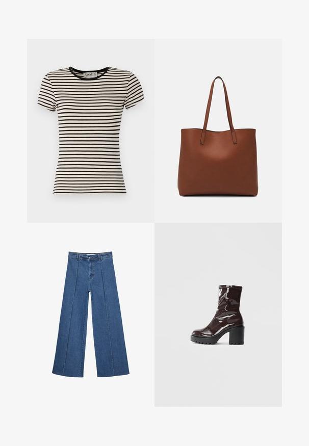 Črna in krema prugasta kratkosleečna majica s krožnim ovratnikom, izdelana iz mehkega blaga. Ravno krojena z urejenim zaključkom. Vidna AWARE blagovna znamka.; Jeans širokih nogavic v srednji modri barvi, z visokim pasom, gumbom in kontrastnimi navpičnimi šivi spredaj.; Sijajan škrlatank z bleščečim videzom, z masivnim črnim peto, ki se ponaša z gladko teksturo in preprostim dizajnom. Brez vidnih zapenjal ali vzorcev.; Rjava usnjena torba z gladko teksturo, odprto zasnovo zgoraj in dvema naramnima trakovoma. Opremljena je z minimalnim šivanjem in brez vidnih kovinskih delov.