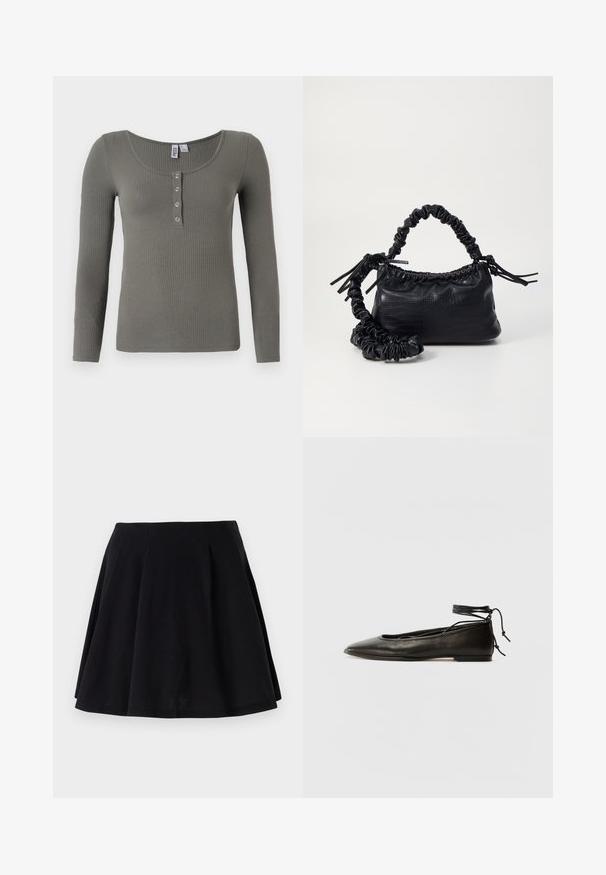 Bluză cu mânecă lungă din material cu textură ribbed, într-o nuanță de verde pal, având un decolteu rotund și cinci butoane metalice cu clips în față.; Fustă din bumbac neagră cu o siluetă evazată, decorată cu pliuri în zona taliei și o textură netedă. Potrivită pentru ținute casual.; Balerini din piele neagră, cu vârf ascuțit, șnur pentru glezna și talpă plată, având o textură netedă și un design minimalist.; Geantă din faux leather neagră cu textură de crocodil, cu partea superioară strânsă și o curea mototolită. Pare moale și compactă ca design.