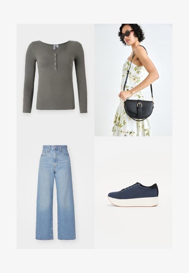 Maglietta a maniche lunghe in un verde tenue, con scollatura a barca e cinque bottoni a pressione metallici sul davanti.; Jeans a vita alta blu chiaro con gamba larga, chiusura frontale con bottone e zip, tasche anteriori e posteriori, su uno sfondo bianco.; Sneaker blu navy con tomaia in tessuto texturizzato, suola piatta bianca, punta arrotondata e accentuazione nera sul tallone. Presenta sei fori per i lacci.; Borsa a tracolla nera in pelle con una forma curva, manico rimovibile e accessori dorati. La borsa presenta una patta con un dettaglio a fibbia.