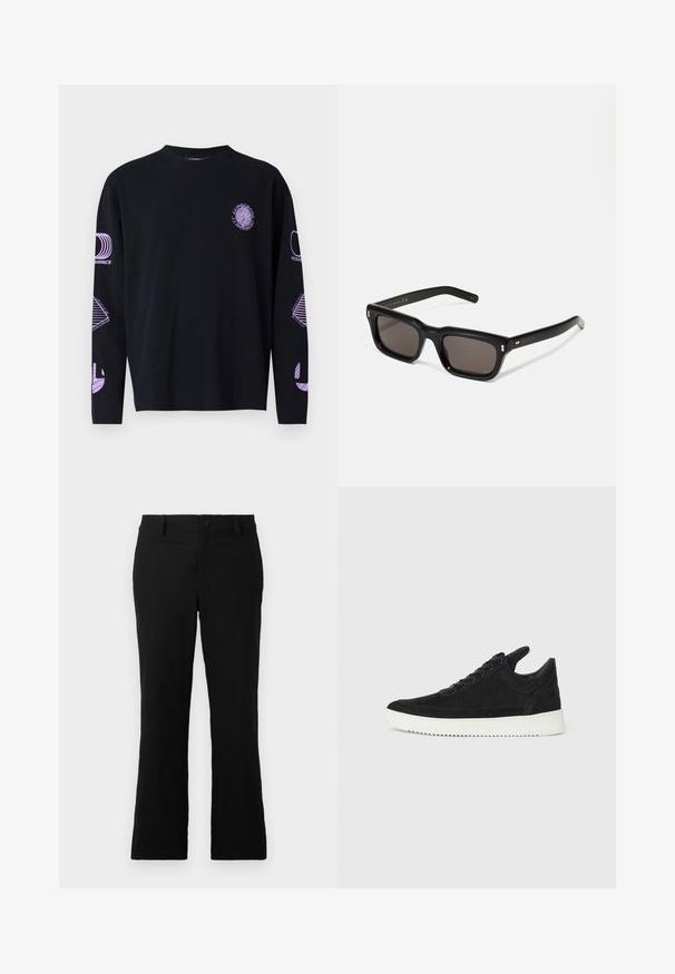 Must mustaeluga T-särk, millel on tumepunased graafilised prindid rinnal ja varrukatel, valmistatud sileda tekstuuriga kangast. Ümmargune kaelus.; Mustad laiad püksid, mis on valmistatud puuvillase segukanga, millel on nööbikinnitus, vöökohad ja sile tekstuur, ilma nähtavate mustriteta.; Must mustel kingad valge kummist tallaga, millel on toon-toonis õmblused ja paeltega disain. Sile tekstuur ja moodne, voolujooneline kuju.; Mustad mustakorruselised prillid tumedate läätsedega, paks plastikraam, kuldsed aksendid templites ning kaubamärgi logo graveeritud käe lilla.