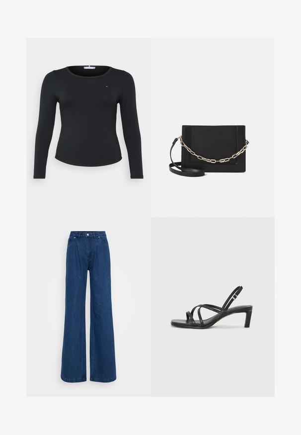 Schwarzes, geripptes Langarmoberteil mit Rundhalsausschnitt und einem kleinen Logodetail auf der Brust, das eine figurbetonte Silhouette und eine glatte Textur aufweist.; Weite blaue Jeans mit hoher Taille, vorderem Knopf- und Reißverschlussverschluss sowie Vorder- und Hintertaschen vor einem schlichten Hintergrund.; Schwarze Sandale mit Riemchen, quadratischer Zehenform und niedrigem Blockabsatz. Verfügt über mehrere dünne Riemen und einen verstellbaren Knöchelriemen. Hergestellt aus glattem Leder.; Schwarze Leder-Crossbody-Tasche mit glatter Textur, rechteckiger Form und metallic-kettendetail auf der Vorderseite. Verstellbarer Gurt inklusive.