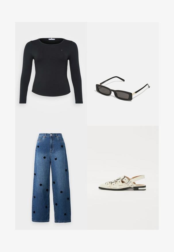 Schwarzes, geripptes Langarmoberteil mit Rundhalsausschnitt und einem kleinen Logodetail auf der Brust, das eine figurbetonte Silhouette und eine glatte Textur aufweist.; Weite blaue Jeans aus Denim mit schwarzen floralen Applikationen, die über den Stoff verteilt sind. Mit hoher Taille und klassischem Fünf-Taschen-Design.; Slingback-Sandalen aus weißem Leder mit mehreren breiten Riemen und silbernen Schnallen; flache Sohle mit kleinem schwarzem Absatz und metallischen Akzenten.; Schwarze rechteckige Sonnenbrillen mit dunklen Gläsern, glänzenden Kunststoffrahmen und goldenen Akzenten an den Bügeln. Minimalistisches Design und schlanke Form.; Goldene Creolen mit einem glatten, abgerundeten Design und einem glänzenden Finish. Leichte Bauweise mit einem sicheren Verschluss.