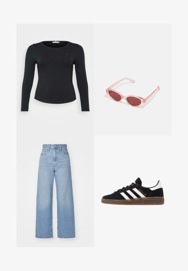 Black ribbed long-sleeve top with a round neckline and a small logo detail on the chest, featuring a fitted silhouette and smooth texture.; Light blue high-waist wide-leg jeans with front button and zip closure, front and back pockets, on a white background.; Black Adidas sneaker with white stripes, gold "Spezial" text, gum sole, and white heel tab, shown in profile view.; Pink transparent sunglasses with oval lenses, dark red tint, and slender arms, featuring a smooth finish and subtle detailing on the frame.