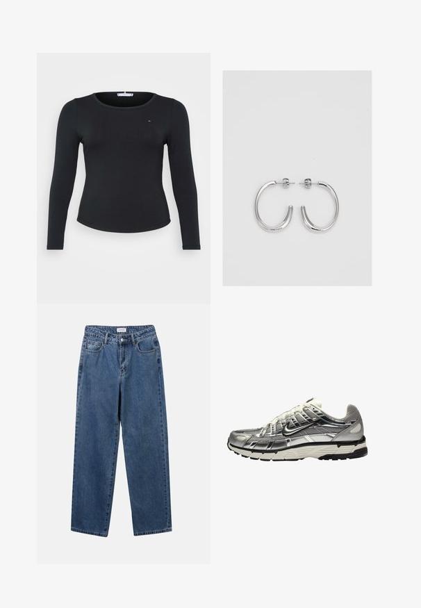 Czarny, prążkowany, długi rękaw top z okrągłym dekoltem i małym logo na klatce piersiowej, o dopasowanej sylwetce i gładkiej fakturze.; Klasyczne niebieskie dżinsy o prostym kroju, pięć kieszeni i zapięcie na guzik. Charakteryzują się średnim odcieniem i solidną teksturą.; Srebrny i czarny but sportowy z siateczkowej i syntetycznej cholewki, o obszernej konstrukcji i teksturowanym wykończeniu. Posiada wyściełany kołnierz oraz gumową podeszwę.; Srebrne kolczyki na biglu o gładkim, błyszczącym wykończeniu. O zaokrąglonym kształcie, lekkim designie, z zamknięciem na zatrzask.