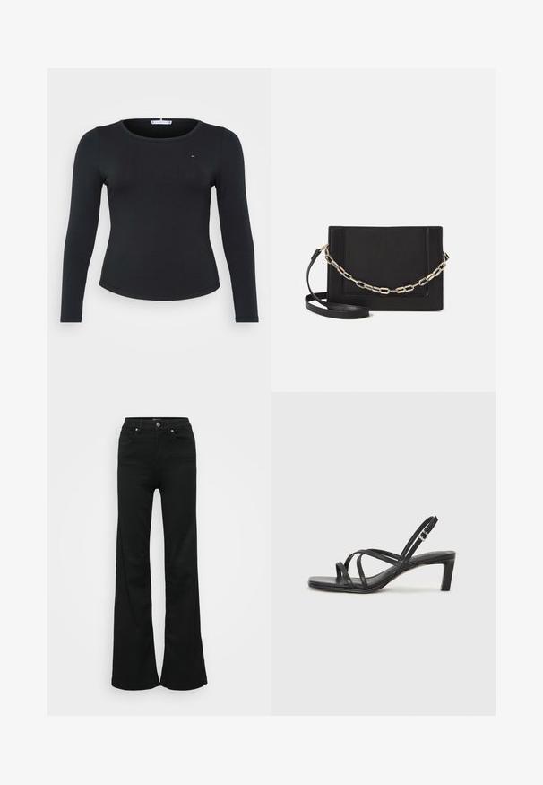 Zwarte geribbelde langemouwen top met een ronde halslijn en een klein logo detail op de borst, met een aansluitende pasvorm en een zachte textuur.; Zwarte wijde jeans gemaakt van denim, met een hoge taille, vijf zakken en een metalen knoopsluiting. Gladde textuur met minimale detailing.; Zwarte sandaal met bandjes, vierkante teen en een lage blokhak. Voorzien van meerdere dunne bandjes en een verstelbare enkelband. Gemaakt van zacht leer.; Zwarte leren schoudertas met een gladde textuur, rechthoekige vorm en een metallic kettingdetail aan de voorkant. Verstelbare schouderband inbegrepen.