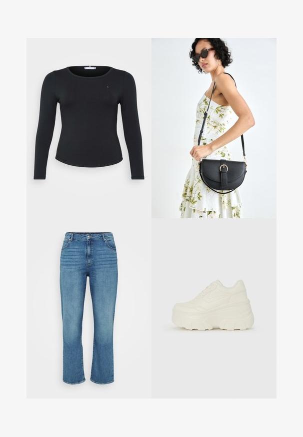 Zwarte geribbelde langemouwen top met een ronde halslijn en een klein logo detail op de borst, met een aansluitende pasvorm en een zachte textuur.; Lichtblauwe denim jeans met een recht model, voorzien van vijf zakken, een riemlussen en subtiele vervaging aan de voorkant.; Witte platform sneakers met een gladde leren bovenkant, afgeronde vorm, gewatteerde kraag en een gestructureerde rubberen zool met duidelijke profiel.; Zwarte leren handtas met een gebogen vorm, afneembare schouderband en gouden hardware. De tas heeft een klep met een gespsluiting.