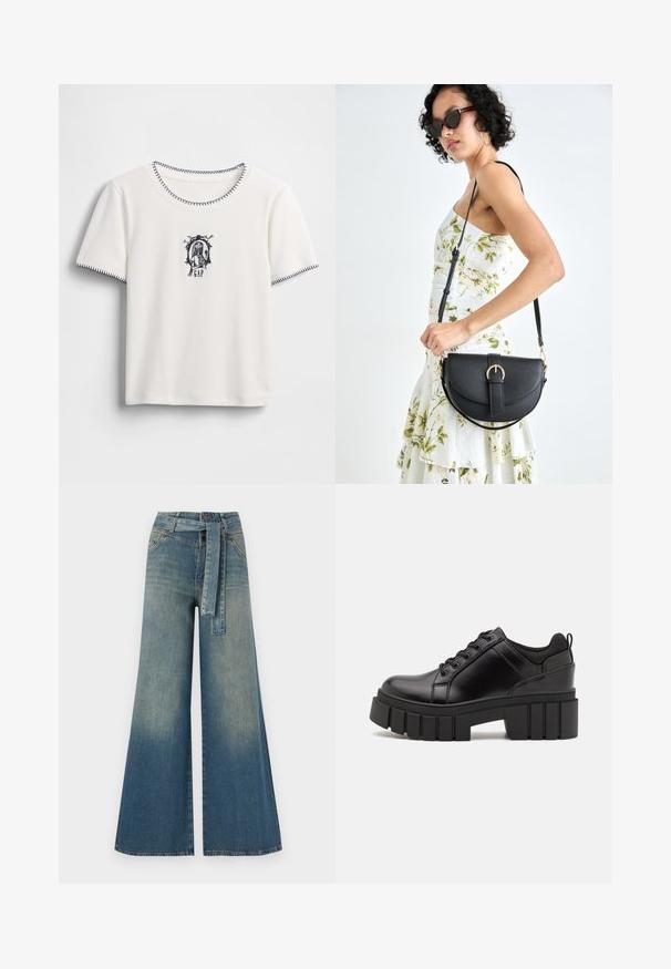 Biała koszulka z krótkim rękawem i okrągłym dekoltem, z granatowymi przeszyciami na krawędziach oraz haftowanym nadrukiem z napisem i dekoracyjną ramką.; Szerokie spodnie dżinsowe z gradientem od jasnoniebieskiego do ciemnoniebieskiego, wysokim stanem, szlufkami na pasek oraz pasującym paskiem z tkaniny. Teksturowany wykończenie dżinsu.; Czarne skórzane buty na platformie z masywnym słupkowym obcasem, okrągłym noskiem i klasycznym sznurowaniem. Posiadają gładką teksturę i minimalne wykończenia.; Czarna skórzana torebka o zakrzywionym kształcie, z odpinanym paskiem i złotymi akcentami. Torebka posiada klapę z zapięciem w kształcie klamry.