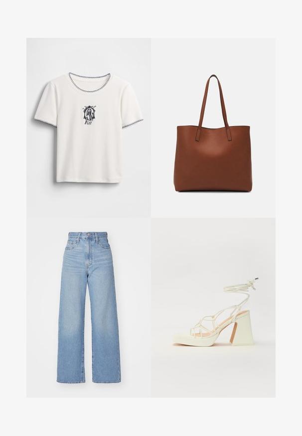 T-shirt branca de mangas curtas com decote redondo, apresentando bordas costuradas em azul-marinho e um gráfico bordado com texto e uma moldura decorativa.; Jeans de cintura alta e perna larga em azul claro, com fecho frontal de botão e zíper, bolsos frontais e traseiros, sobre um fundo branco.; Sandálias brancas de salto alto com um salto robusto, apresentando um design com tiras e amarração no tornozelo. Textura suave com uma plataforma na frente para altura adicional.; Bolsa tote de couro castanho com uma textura suave, design de abertura superior e duas alças para o ombro. Apresenta costura mínima e sem hardware visível.