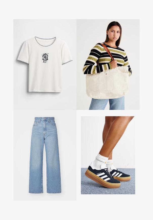 Vit t-shirt med korta ärmar och rund hals, med marinblåa sydda kanter och ett broderat motiv med text och en dekorativ ram.; Ljusblå högmidjade vida jeans med knapp- och dragkedjestängning, fram- och bakfickor, mot en vit bakgrund.; Svarta sneakers i mocka med vita ränder och detaljer, rundad tå, yttersula i gummiblandning, kombinerade med vita ribbade crew-strumpor.; Stor beige canvas-jutem väskan med bruna läderremmar, med en minimal design och synliga sömnadsdetaljer.