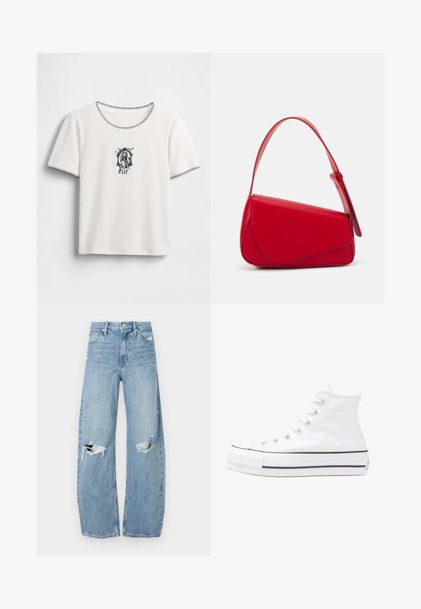 Hvit kortermet T-skjorte med rund hals, med marineblå sømkanter og et brodert motiv med tekst og en dekorativ ramme.; Lyseblå høytlivsjeans laget av denim. Har vide bein, to revne knær og klassisk fem-lommers design.; Hvit høy-skinn kanvas sneakers med svart gummisåle, gummitåhette foran og seks hull for snorer, med et rent, minimalistisk design.; Rød lærveske med en vinklet, geometrisk design. Har en enkelt justerbar stropp og en klaffelukking med sydd detaljer.