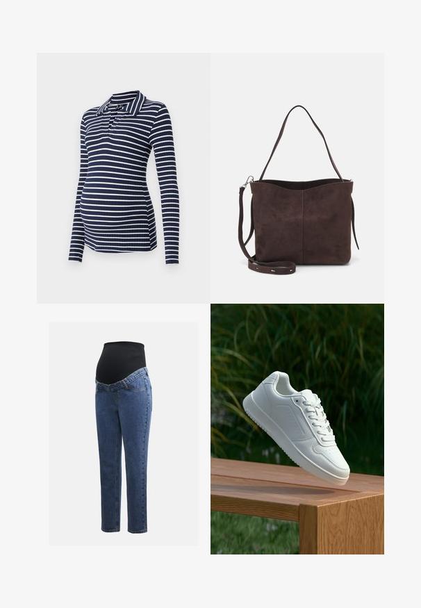 Pika- ja valge triibuline rasedate polo särk pikade varrukatega, soonikuga tekstuur, krae ja V-kaelusega, loodud sobiva silueti jaoks.; Rasedusjeansid sinise denimi jalgadega ja musta veniva kõhuplaadiga, mis on mõeldud toetama ja katma kasvavat kõhtu.; Valged sneakerd, millel on sile sünteetiline ülemine osa, väikeste aukudega varvaskast, lamedad paelad ja tekstuuriga tald, eksponeeritud puidust pinnal.; Pruun nubukist kott pehme tekstuuriga, millel on üks õlavarre rihm ja peene kumer ülemine ava. Nähtavaid metallosi pole.