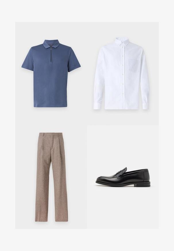 Sötétkék pólóing rövid ujjakkal, cipzáras gallérral és sima, könnyű anyaggal. Egyszerű dizájn minta vagy kiegészítők nélkül.; Fehér, hosszú ujjú, gombos ing pamutból, mellzsebbel, tónusos hímzéssel, gallérral és gombos mandzsettával.; Barna, magas derekú nadrág texturált anyagból. Széles szárai és két elülső redője biztosítja a struktúrát. Ízléses kivitel, látható fémszerelés nélkül.; Fekete bőr loaferek sima textúrával, kerek orral és dekoratív pánttal a vampnál. Alacsony, rétegelt sarkú, minimalista dizájn.