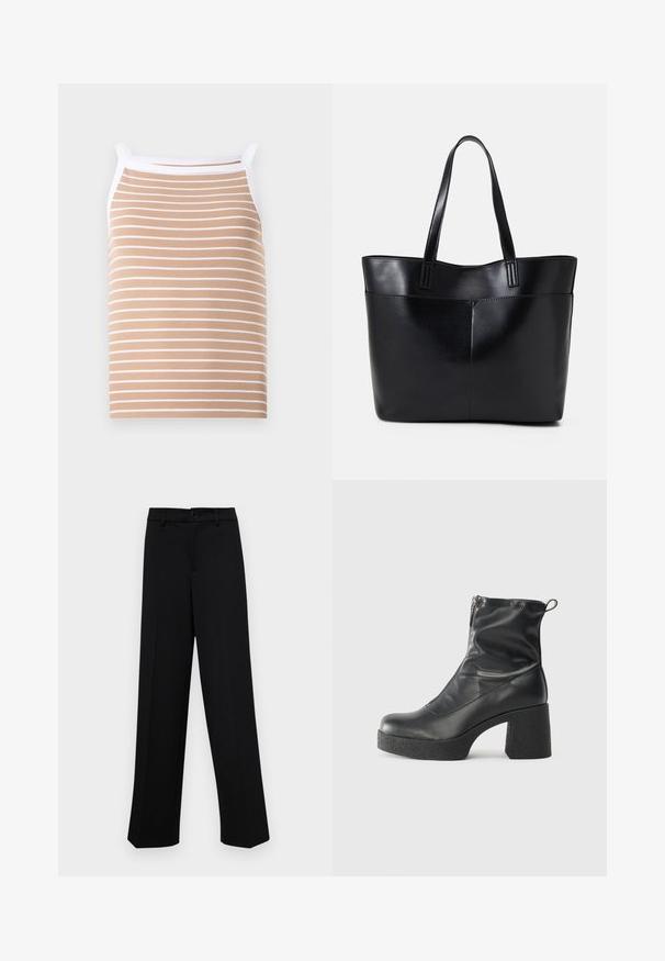 Beige tank top õhuke valge horisontaalne triipudega, valmistatud ribakanga materjalist. Omab kitsaid rihmu ja valget äärt kaeluses.; Musta laiad püksid siledast kangast, millel on klassikaline vöökoht, nööbiga sulgemine ja ees voldid.; Mustad mustad ansapüksid, mis on valmistatud siledast nahast, külje zipperiga, paksu tekstuuriga kontsaga ja ümmarguse nina disainiga.; Must mustaga musta nahast, millel on kaks pikka kanda, sile tekstuur ja struktureeritud kuju. Esipoolsel on lisakoti jaoks tasku.