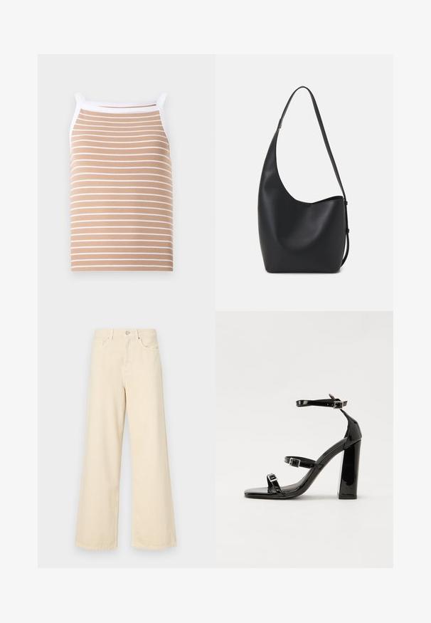 Beige tank top with thin white horizontal stripes, made of ribbed fabric. Features narrow straps and a white trim along the neckline.; Beige wide-leg jeans made of cotton. Features a button closure, belt loops, and front pockets with a smooth, soft texture.; Black patent heeled sandals with a square toe, ankle straps, and silver buckles. Features a chunky block heel for stability.; Black leather hobo bag with a smooth texture, curved shape, and single adjustable strap; features a wide opening at the top.