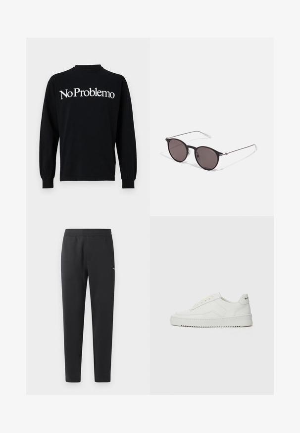 Fekete, hosszú ujjú pamutszárító, amelyen fehér színnel a "No Problemo" felirat látható a mellrészen. Egyszerű, kerek nyakkivágás és testhezálló mandzsetta.; Fekete sportnadrág puha anyagból, rugalmas derékpánttal, egyenes szárakkal és egy kis logó részlettel az oldalán.; Fehér bőr sportcipő sima felülettel, kerek orral, lapos fűzőkkel és texturált talppal. Finom logó található a sarokon.; Fekete kerek napszemüveg sötét lencsékkel és karcsú fém szárakkal. Átlátszó szárvégeket és ezüst részleteket tartalmaz az ívnél. Minimalista dizájn.