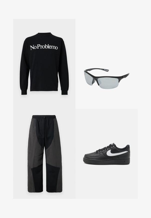 Schwarzes Langarmshirt aus Baumwolle mit dem weißen Text "No Problemo" auf der Brust. Einfacher runder Ausschnitt und taillierte Manschetten.; Schwarz gefütterte, lockere Hose mit Fleece-Akzenten, die kontrastierende dunkelgraue Stoffpaneele und einen verstellbaren Kordelzugbund aufweist.; Schwarze Nike Air Force 1 Sneakers mit einem glatten Lederobermaterial, weißem Logo-Akzent, durchlöchtem Zehenbereich und strukturierter Gummisohle.; Schwarze Kunststoff-Sportsonnenbrille mit grauen Gläsern, aerodynamisches Design, geschwungene Form und strukturierten Bügeln für verbesserten Halt.
