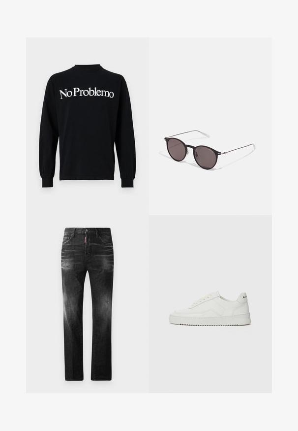 Black long-sleeve shirt made of cotton, featuring the text "No Problemo" in white across the chest. Simple, round neckline and fitted cuffs.; Black denim jeans with a straight fit. Features faded areas, minor distressing, classic five-pocket design, and a button closure.; White leather sneaker with a smooth finish, round toe, flat laces, and a textured sole. Features a subtle logo on the heel.; Black round sunglasses with dark lenses and slim metal arms. Includes clear temple tips and silver accents at the hinge. Minimalist design.