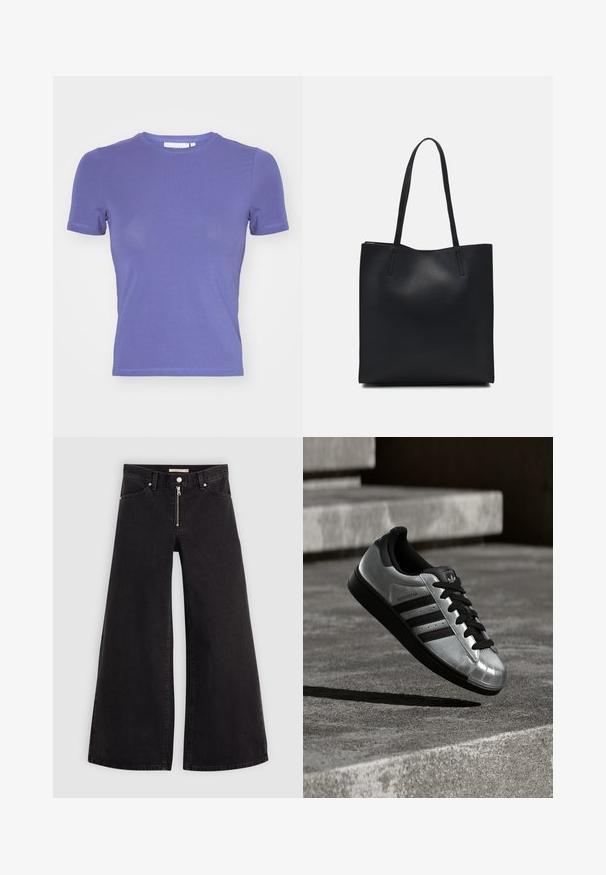 Weekday SLIM FITTED - Basic T-shirt - purple; Wide-leg jeans in black denim with a zippered front, five-pocket design, and subtle stitching details. Smooth texture and casual style.; Silver sneaker with a black rubber sole, black laces, and three black stripes. Features a metallic finish and classic shell toe design.; Black leather tote bag with smooth texture, rectangular shape, and two long handles. No visible hardware or embellishments.