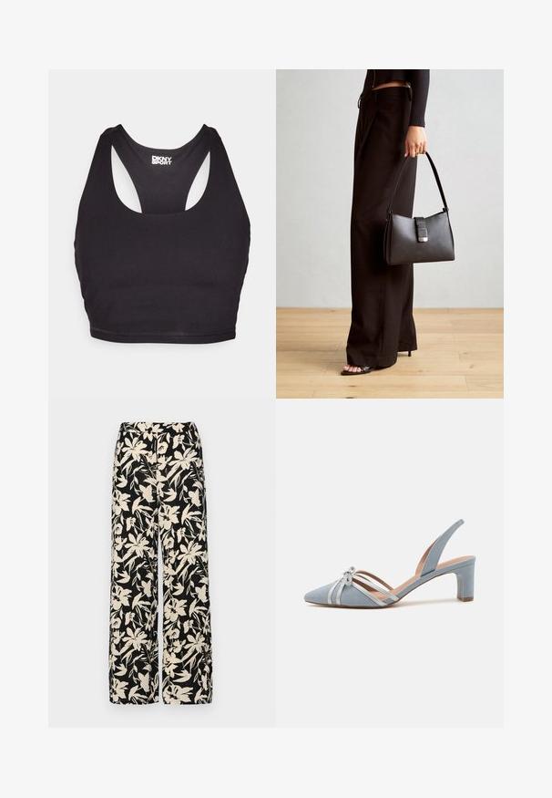 Mustrine spordirinnahoidja, mis on valmistatud siledast kangast, koos racerback disaini ja ümarate kaelustega, taga on väike logo.; Mustad laiad püksid kreemja lillemustriga. Valmistatud kergest kangast, millel on sile tekstuur ja kõrge vöökoht.; Kitsas varvastega slingback kingad helehallis siidis, hõbedaste aksessuaaride ja rihmadega, madala plokk-kandiga ning dekoratiivse paelaga.; Must musta kott, millel on struktureeritud kuju, sile tekstuur ja metallist klamber. Kombineeritud laiate mustade pükstega ja avatud varvaste sandaalidega puidust põrandal.