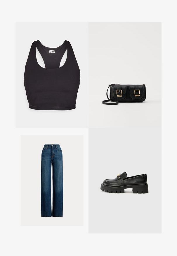 Black sports bra made from smooth fabric featuring a racerback design and rounded neckline, with a small logo on the back.; Wide-leg denim jeans in dark blue. Features a high waist, button closure, and classic five-pocket design. Smooth texture with subtle fading.; Black leather loafers with a chunky sole, featuring a gold-tone accent on the front and a smooth finish. Chunky tread design on the sole.; Black leather crossbody bag with two front pockets, gold buckles, zipper closure, and a slim strap. Textured surface and compact rectangular shape.