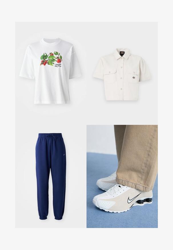 Weißes Baumwoll-T-Shirt mit kurzen Ärmeln, in der Mitte mit einem bunten Design von Früchten und Blättern bedruckt. Der Text lautet "Carhartt WIP Cream of the crop."; Kurze ärmelige, cropped weiße Bluse aus Baumwolle mit zwei Brusttaschen, Knopfleiste vorne und einem Logopatch auf der linken Tasche.; Dunkelblaue Sweatpants aus weichem Material, mit einem elastischen Bund und Kordelzug, elastischen Bündchen und einem kleinen weißen Logo.; Weiße und beigefarbene Nike-Sneaker mit durchlöchertem Design, schwarzem Swoosh-Logo, strukturiertem Obermaterial und auffälliger, federnder schwarzer Ferse.