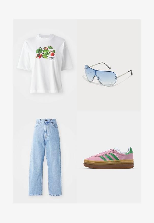 Witte katoenen t-shirt met korte mouwen, met een kleurrijk fruit- en bladerenontwerp in het midden. De tekst luidt "Carhartt WIP Cream of the crop."; Hogewaisted lichtblauwe denim jeans met rechte wijde pijpen, voorste knoop, ritssluiting en voor- en achterkant zakken.; Roze suede sneakers met groene strepen, witte accenten en een bruine rubberen zool. Heeft een gestructureerde stof en logodetails aan de zijkant.; Aviator zonnebril met een gradient blauwe lens, zilveren metalen frame en decoratieve sterrenaccenten op de lens. Glad en strak ontwerp.