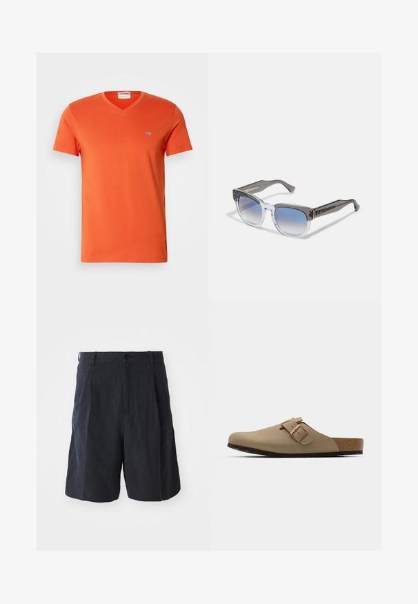 Orange cotton t-shirt with a V-neck, short sleeves, and a small logo on the chest. Smooth texture and even stitching.; Weekday LOOSE SUIT - Shorts - black; Beige clogs with a rounded toe, adjustable buckle accent, and cork footbed. Textured surface with a black rubber sole for grip.; Gray and clear frame sunglasses with a square shape, gradient blue lenses, and metallic accents on the temples. Lightweight material.