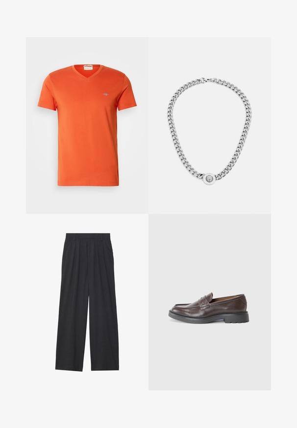 Orange bomull t-shirt med V-hals, korta ärmar och en liten logotyp på bröstet. Slät textur och jämn sömnad.; Vidbyxorna är tillverkade av mörkgrått tyg. De har veck i midjan, en skräddarsydd design och en rak silhuett.; Bruna läderloafers med en slät yta, rund tå, minimal sömnad och en tjock svart gummisula. Inga synliga beslag eller detaljer.; Silverfärgad kedjohalsband med tjocka länkar och en central rund berlock med intrikata detaljer. Slät, reflekterande metallyta.