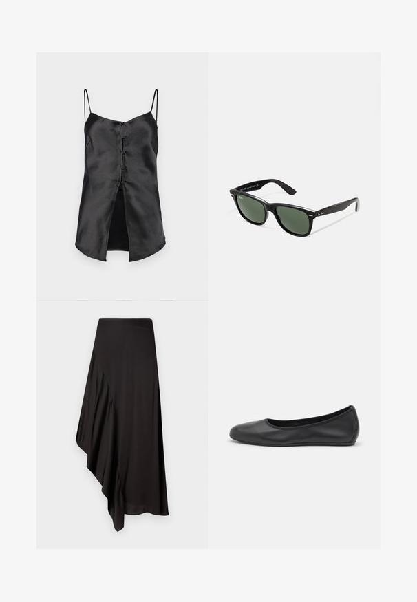 Czarna satynowa koszulka na ramiączkach z cienkimi paskami, z zapinaniem na guziki z przodu i rozcięciem na hemie dla dodatkowego akcentu. Gładka tekstura i minimalistyczny design.; AERON ASTER czarny; Czarne skórzane baletki z zaokrąglonym noskiem, gładką fakturą, minimalnymi przeszyciami i elastycznym designem podeszwy.; Czarne plastikowe okulary przeciwsłoneczne z zielonymi szkłami, kwadratowe oprawki, srebrny akcent na brwi oraz fakturowane ramiona temple. Nazwa marki podana na wewnętrznej stronie ramion.