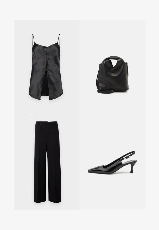 Fekete selyem camisole vékony pántokkal, gombos elejével és hasított aljjal, amely extra részletességet ad. Simaság és minimalista dizájn jellemzi.; Fekete, bő szárú nadrág lapos elülső résszel, gombos záródással és sima anyagtextúrával. Jellemzője egyenes vonalvezetés és éles vonalak.; Fekete lakk slingback magassarkú cipők hegyes orral és ezüst csat részletekkel a sarkán, sima, fényes felülettel.; Fekete, puha bőr táska egyedi csavaros dizájnnal. Rövid fogantyúval és levehető vállpánttal rendelkezik. Minimalista stílusú.
