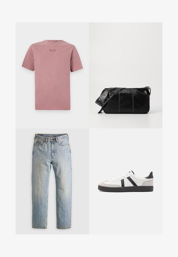 Short-sleeve t-shirt in dusty rose, made of soft cotton. Features a crew neck and a small black logo at the back. Simple design.; Light blue denim jeans with high waist, front button, zipper, and five-pocket design, laid flat on a neutral background.; White sneaker with black and gray accents, featuring a textured gray toe cap, black rubber sole, and flat white laces. Clean design, minimalist style.; Black leather shoulder bag with a zip closure, featuring a textured body, white stitching, and a strap with silver grommets.