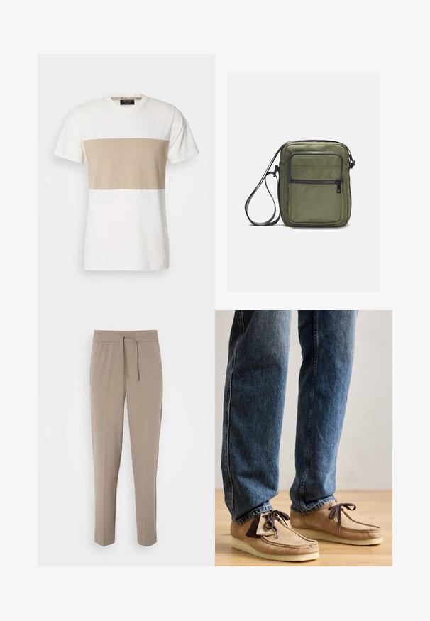 T-shirt en coton avec une section supérieure blanche et une rayure horizontale beige. Le texte "MCMXCIII" est en relief sur la poitrine. Manches courtes.; Pantalons beige clair avec une taille élastique, cordon de serrage ajustable et jambes fuselées. Le tissu semble lisse avec un léger éclat.; Mocassins en daim de couleur beige avec des accents marron foncé, à bout arrondi et semelle blanche moelleuse. Ils présentent un design à lacets et des détails cousus.; Sac en bandoulière vert olive avec une texture lisse, doté d'une poche zippée à l'avant et d'une sangle réglable. Fabriqué en matériau nylon durable.