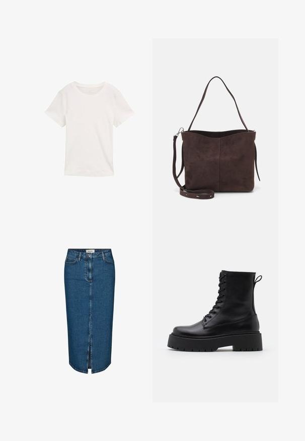 White short-sleeved t-shirt made of cotton. Features a round neck and a smooth texture, designed for casual wear.; Denim pencil skirt in dark blue, featuring a front slit, five pockets, and contrasting stitching. Mid-rise waist with a classic design.; Black leather ankle boots with a round toe, lace-up front, and a thick rubber sole featuring a textured tread. Pull tab at the back.; Brown suede tote bag with a soft texture, featuring a single shoulder strap and a subtle curved top opening. No visible hardware details.