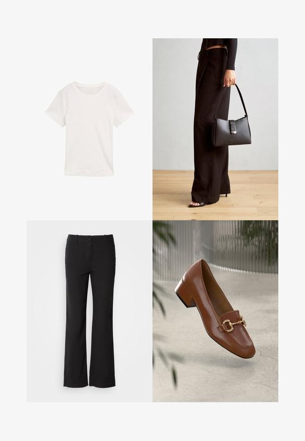 Baltas, īsām piedurknēm t-krekls, kas izgatavots no kokvilnas. Tam ir noapaļota apkakle un gluda tekstūra, kas paredzēta ikdienas valkāšanai.; Melni kokvilnas auduma bikses ar taisnu kāju dizainu, priekšējo pogu aizdari un divām sānu kabatām. Gluda tekstūra, bez redzamām rakstu zīmēm.; Brūni lakoti ādas loaferi ar kvadrātu purngalu, metālisku ķēdes akcentu un zemu blokveida papēdi; gluda tekstūra, minimālisma dizains.; Melnā somiņa ar strukturētu formu, gludu tekstūru un metālu sprādzi. Saskaņota ar platām melnām biksēm un sandālēm ar atvērtu purngalu uz koka grīdas.
