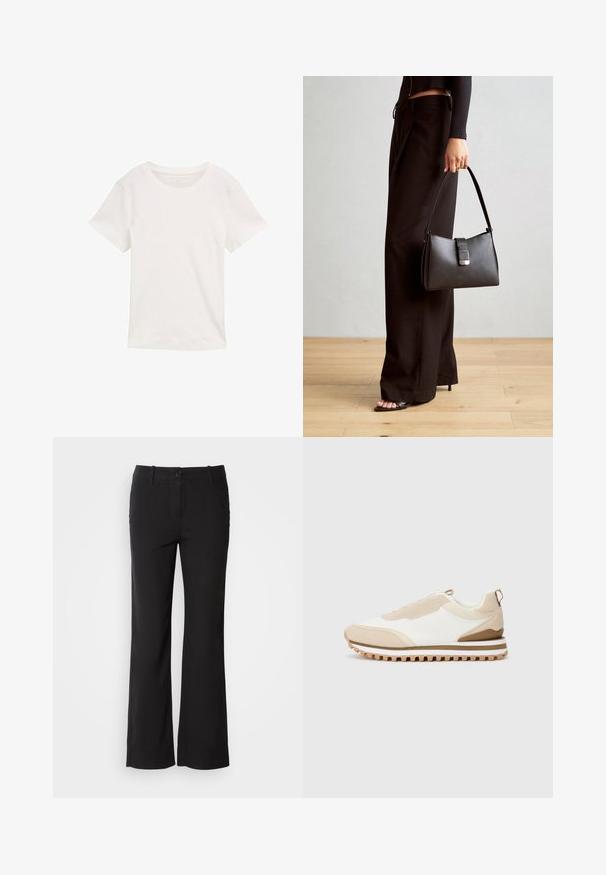 Hvid kortærmet t-shirt lavet af bomuld. Har en rund halsudskæring og en glat overflade, designet til afslappet brug.; Sorte bomuldsblandede bukser med lige ben-design, frontknaplukning og to sidelommer. Glat tekstur, ingen synlige mønstre.; Beige og hvide lav-top sneakers med tekstureret sål og træksløjfe på hælen, præsenteret på en ensartet lys baggrund, sidevisning.; Sort håndtaske med struktureret form, glat overflade og metalspænde. Sammen med brede sorte bukser og sandaler med åben tå på trægulv.