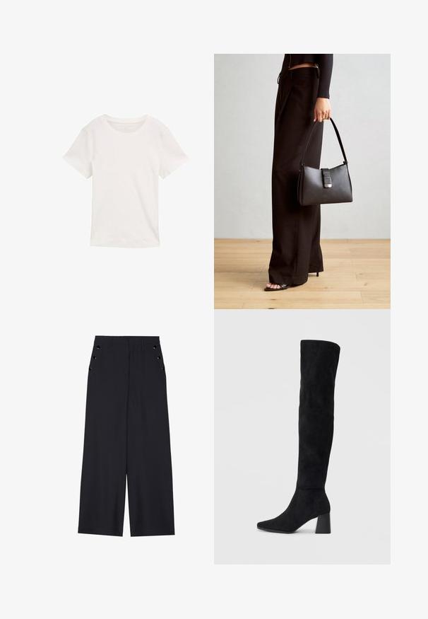 T-shirt bianca a maniche corte in cotone. Caratterizzata da un collo rotondo e una texture liscia, progettata per l'abbigliamento casual.; Pantaloni a gamba larga in tessuto blu scuro, con una superficie liscia, pieghe frontali e occhielli decorativi in tono oro sui taschini laterali.; Stivale in suede nero alto fino al ginocchio con tacco a blocco, punta affusolata e design liscio e senza cuciture su uno sfondo chiaro e semplice.; Borsa nera con forma strutturata, texture liscia e una chiusura metallica. Abbinata a pantaloni neri larghi e sandali open-toe su un pavimento in legno.
