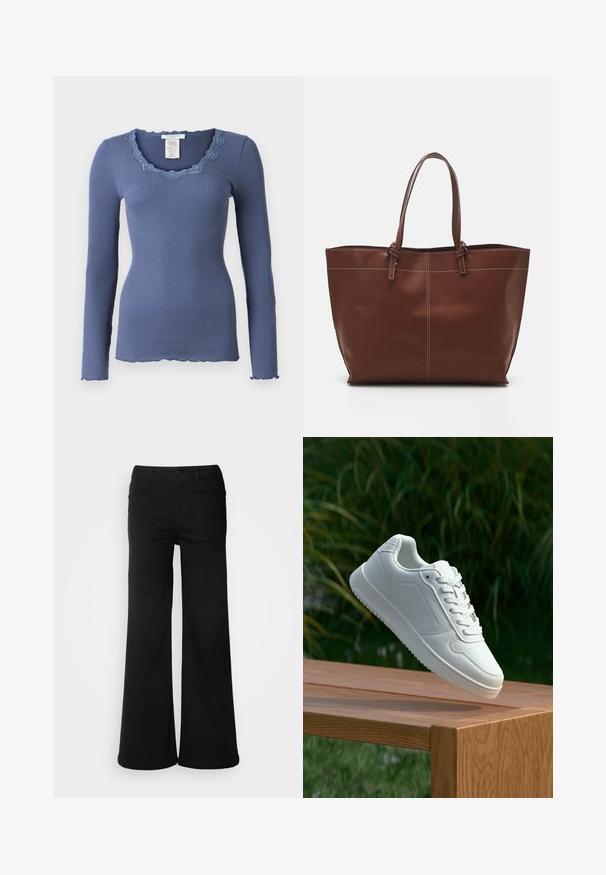 Rosemunde BABETTE U NECK - Long sleeved top - true navy; Black wide-leg pants made of denim fabric, featuring front pockets, a button closure, and a smooth texture with a clean finish.; White sneaker with a smooth synthetic upper, perforated toe box, flat laces, and a textured sole, displayed on a wooden surface.; Brown leather tote bag with double handles, features contrast stitching and a spacious design, suitable for everyday use.