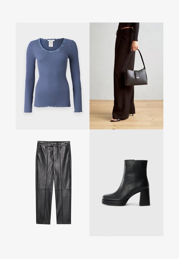 Rosemunde BABETTE U NECK - Pikkade varrukatega topp - true navy; Mustad nahkpüksid sileda tekstuuriga, sirge lõikega, kahe eesmine taskuga ja nähtavate õmblusteta.; Must musta ankle boot, milleplokk-konts ja platvormi tallaga, vaadatud küljelt ühetoonilise valge tausta peal.; Must musta kott, millel on struktureeritud kuju, sile tekstuur ja metallist klamber. Kombineeritud laiate mustade pükstega ja avatud varvaste sandaalidega puidust põrandal.