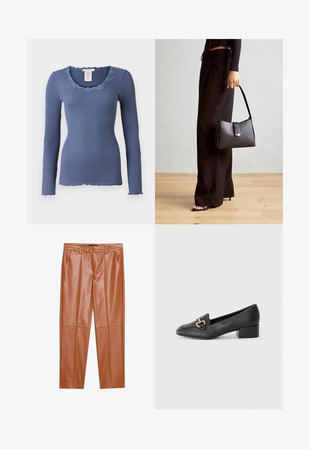 Rosemunde BABETTE U NECK - Top dugih rukava - true navy; Smeđe hlače od umjetne kože s prilagođenim krojem, s prednjim pregibima i ravnim nogavicama. Glatka tekstura bez vidljivih metalnih dijelova ili ukrasa.; Crne kožne mokasine s ravnim potplatom, s dekorativnim zlatnim detaljem sprijeda i glatkom teksturom.; Crna torba s oblikom koji sadrži strukturu, glađu teksturu i metalnu kopču. Uparena s širokim crnim hlačama i sandalama na otvorenom s drvenog poda.