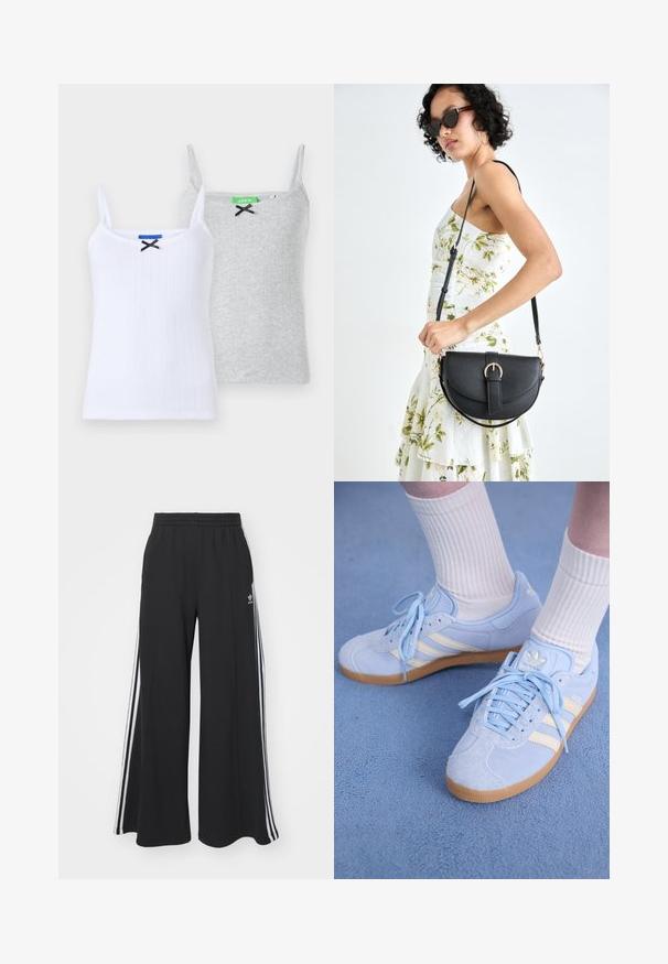 Kaks ribikaga kampsunit: üks valge musta paela aktsendiga ja üks hall musta paela aktsendiga, mõlemad õhukeste reguleeritavate rihmadega.; Mustad laiad trenni püksid elastse vöökohtaga, millel on valged küljeribad ja tikitud logo vasakul reiel.; Heledad sinine seemisneakerid valgete triipudega, lamedate paeltega ja kaaliumkummist tallaga. Valged soonikkoes sokid on kantud üle pahkluude.; Mustmust mustraha kõverate joontega, eemaldatava rihmaga ja kuldsete detailidega. Kotil on klapp, millel on pandladetail.