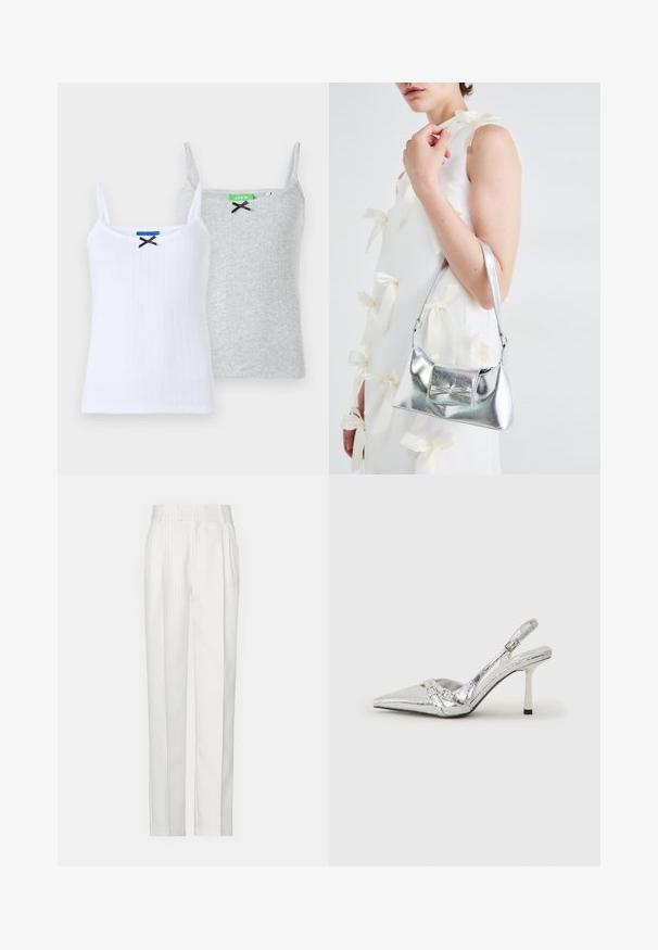 To ribbede camisoler: en hvit med en svart sløyfe og en grå med svart sløyfe, begge med tynne justerbare stropper.; Hvite strikkede bukser med rette ben, laget av et lett stoff. Har folder foran og et tradisjonelt midjebånd.; Sølv slingback høyhelte sko med spiss tå, metallisk finish, to dekorative stropper, og en slank hæl med svart tupp.; Sølvmetallisk håndveske med en strukturert form, med en topphåndtak og sløyfedetalj foran. Glatt tekstur, reflekterende overflate.