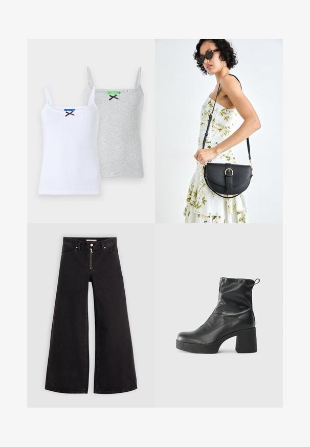 To ribbede camisoler: en hvit med en svart sløyfe og en grå med svart sløyfe, begge med tynne justerbare stropper.; Vide benbukser i sort denim med glidelås i front, fem-lomme design og subtile sømdetaljer. Glatt tekstur og avslappet stil.; Svarte ankelstøvler laget av glatt lær, med glidelås på siden, chunky strukturert hæl, og rund tå-design.; Svart lærveske med en buet form, avtagbar stropp og gullbeslag. Vesken har et klaff med spenne-detall.
